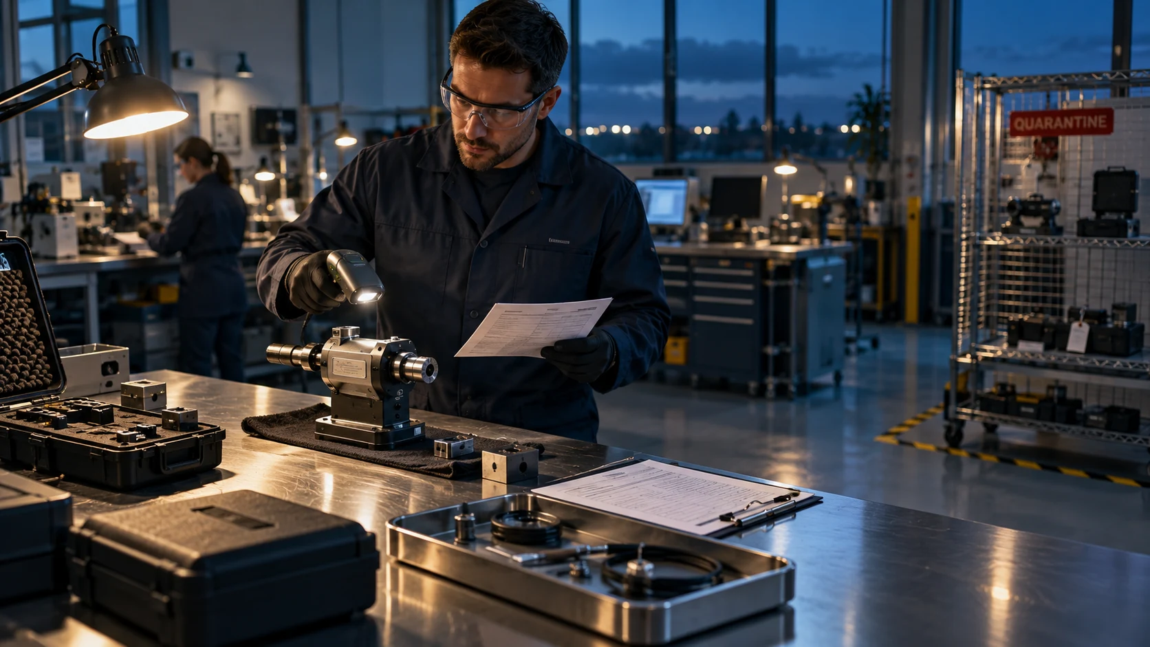 A technician inspects incoming equipment and its paperwork beside a laboratory bench and quarantine storage.