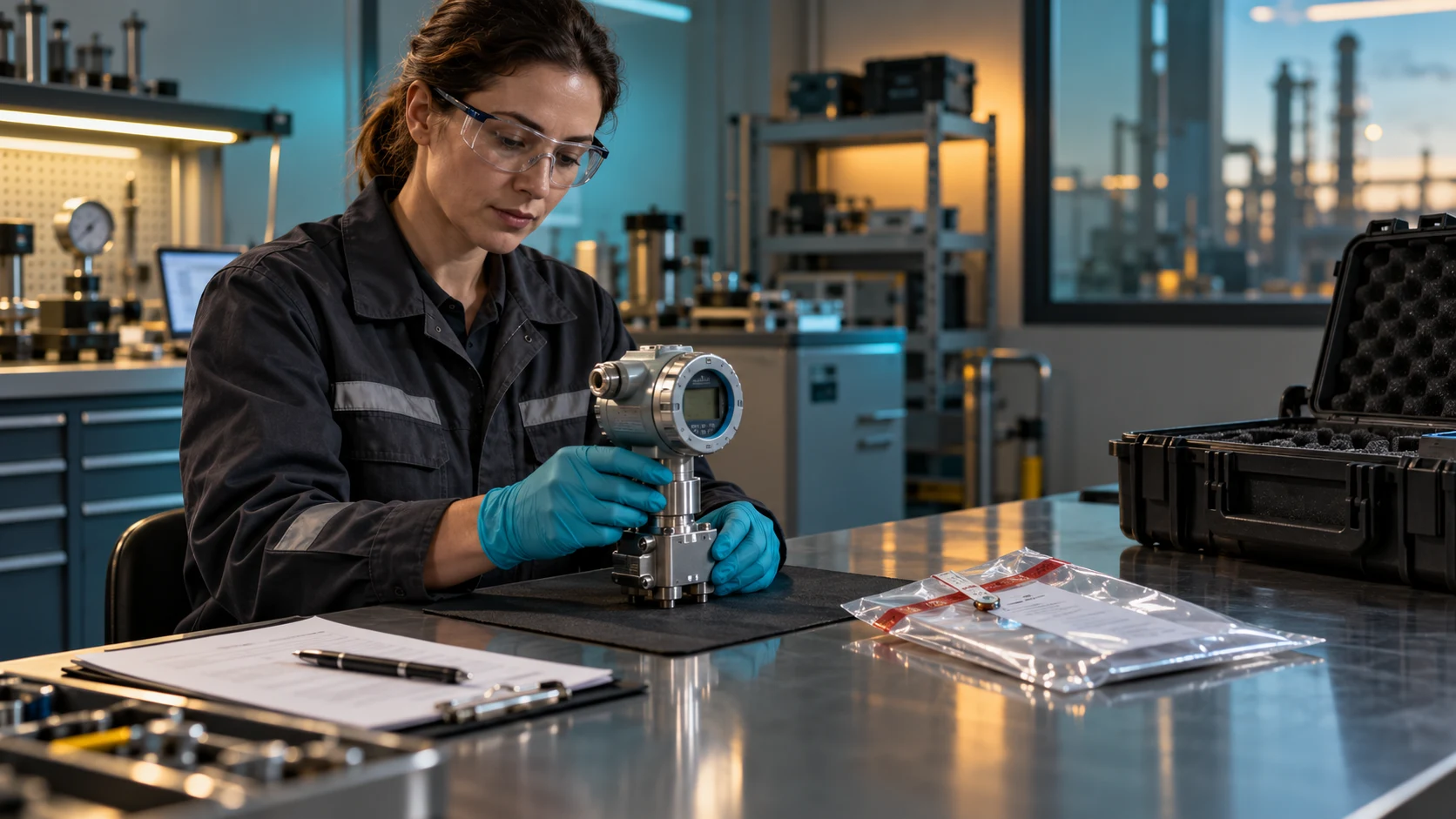 A technician reviews an instrument beside its retained clearance paperwork before return to service.