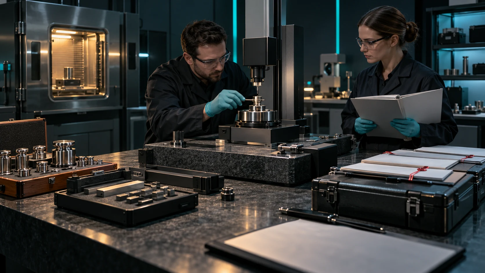 Technicians review measurement work beside reference standards, instruments and retained technical records.